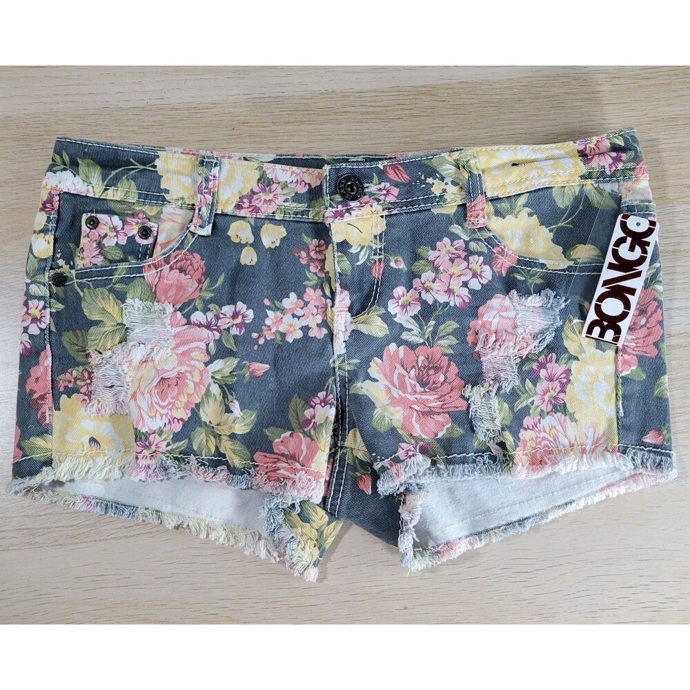 BONGO Booty Shorts Floral Low Rise Mini Size 9 Distressed Cut Off Denim Y2K